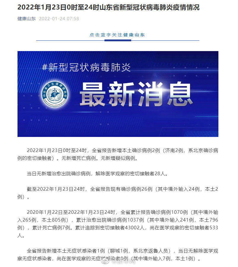 山东济南新增本土确诊2例