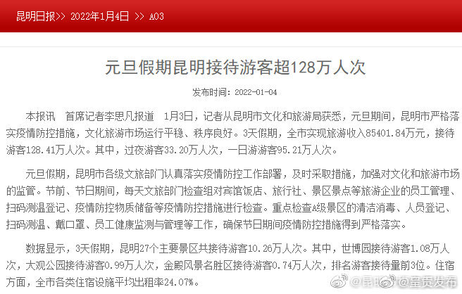 元旦假期昆明接待游客超128万人次