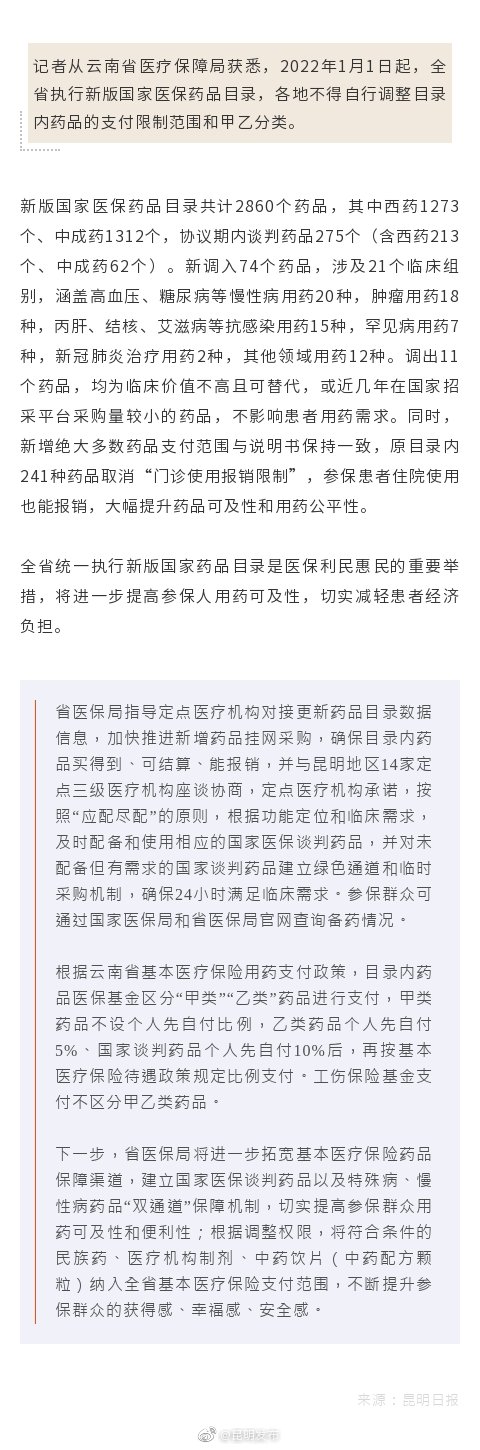 云南执行新版国家医保药品目录