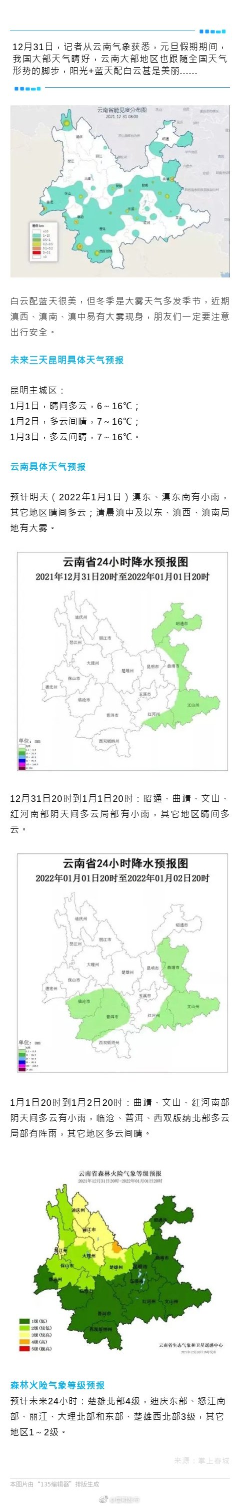 “晴暖”开年！@昆明人 元旦天气出炉→