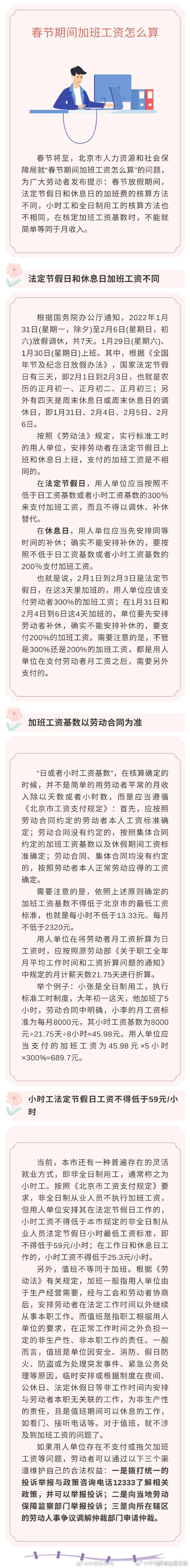春节加班工资怎么算 北京市人社局回应
