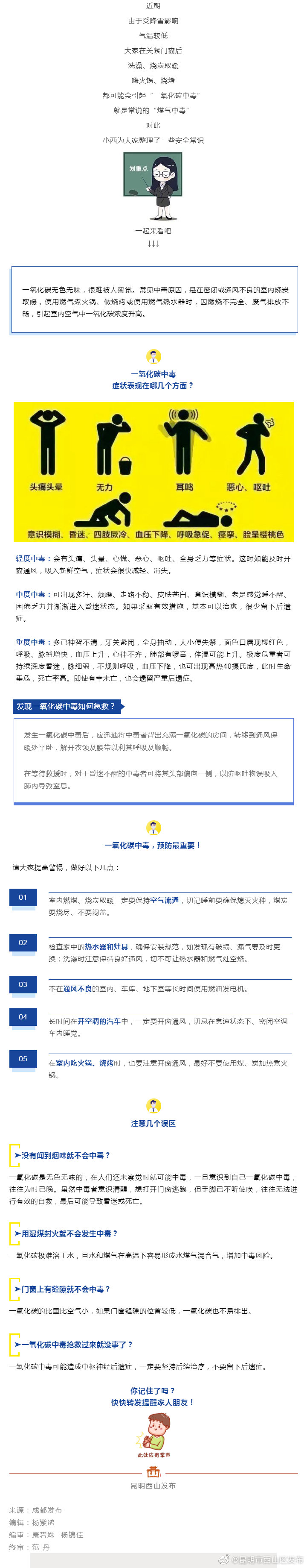 防寒取暖，应防范一氧化碳中毒