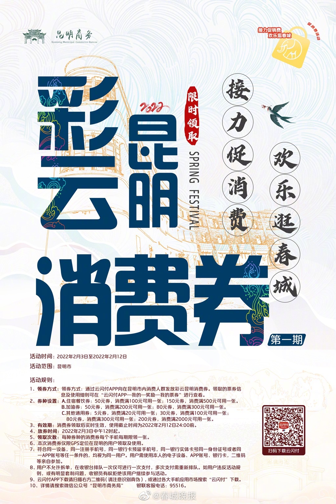 昆明人注意了⚠️1000万元消费券！2月3日发放