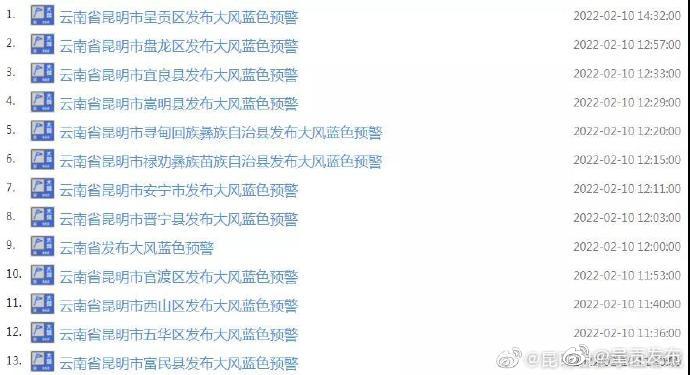 昆明连发15条大风蓝色预警