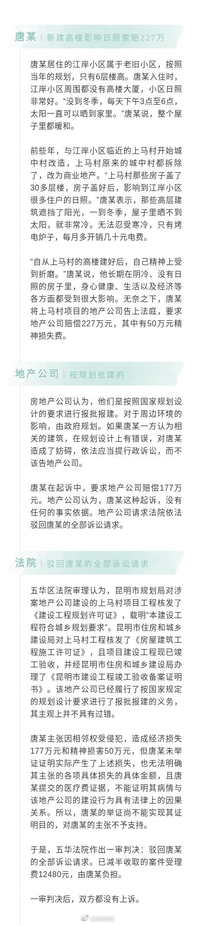 判了！高楼挡了老小区采光，昆明一市民告地产公司索赔227万