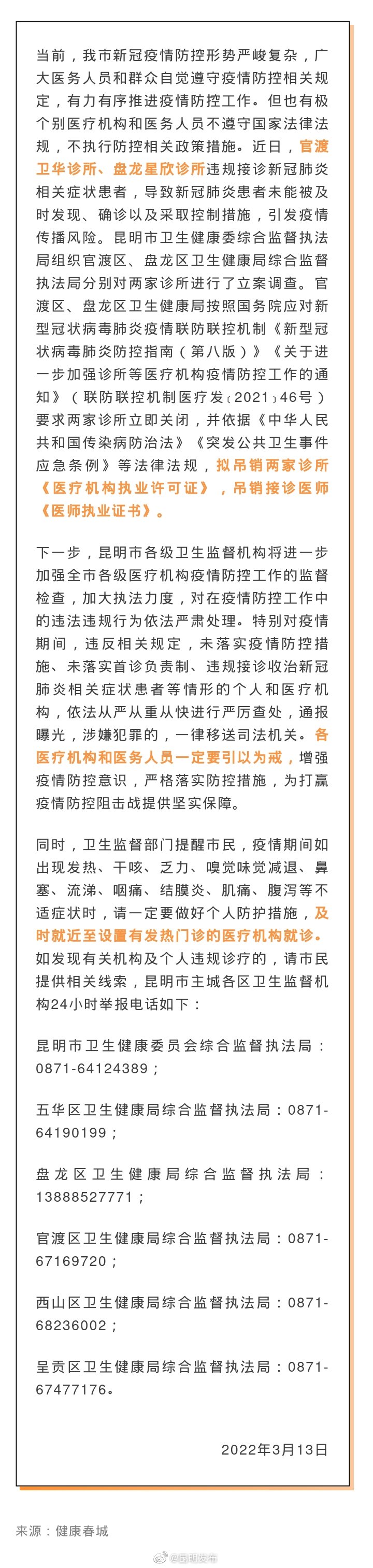 昆明市两家诊所违规接诊新冠肺炎相关症状患者被立案调查