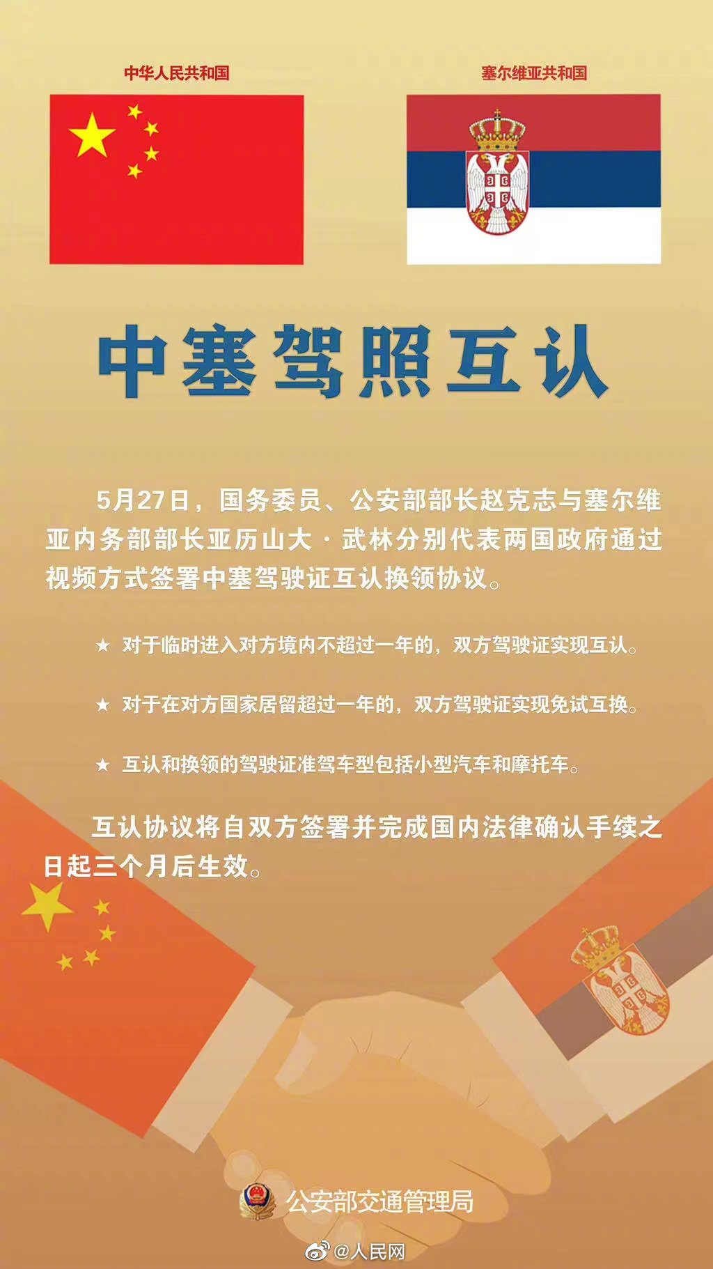 中国塞尔维亚驾照互认正式生效
