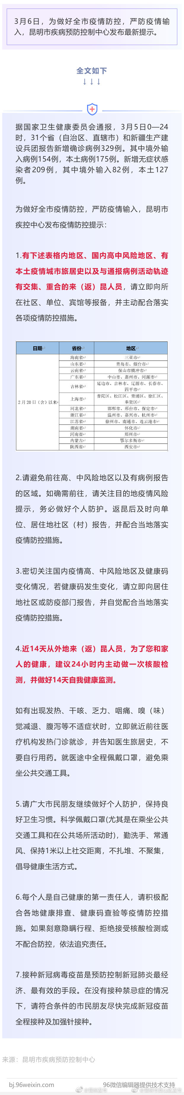 昆明市疾控中心提醒：有这些地方旅居史，请报备