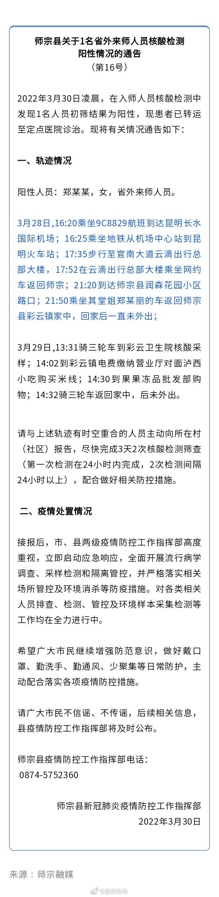 有时空重合市民请主动报备！师宗1名省外人员核酸阳性，轨迹公布
