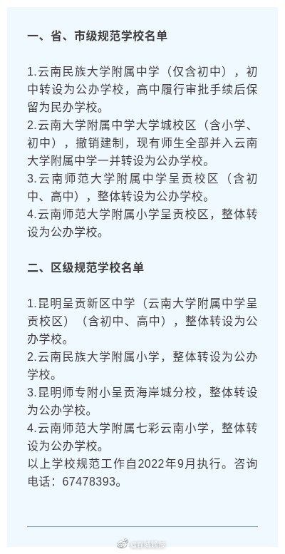 呈贡区公布规范“公参民”学校名单