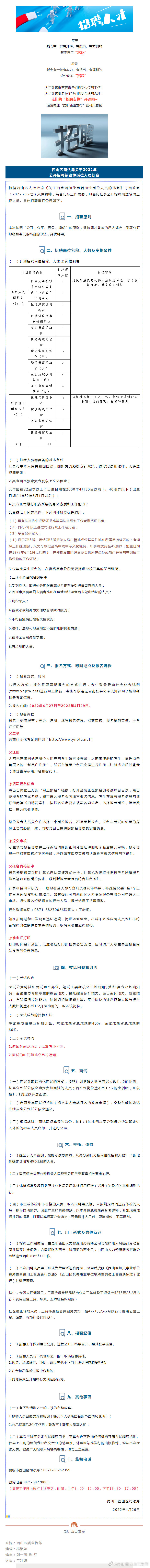 招聘 | 33人！2022年昆明市西山区司法局招人啦，详情戳→