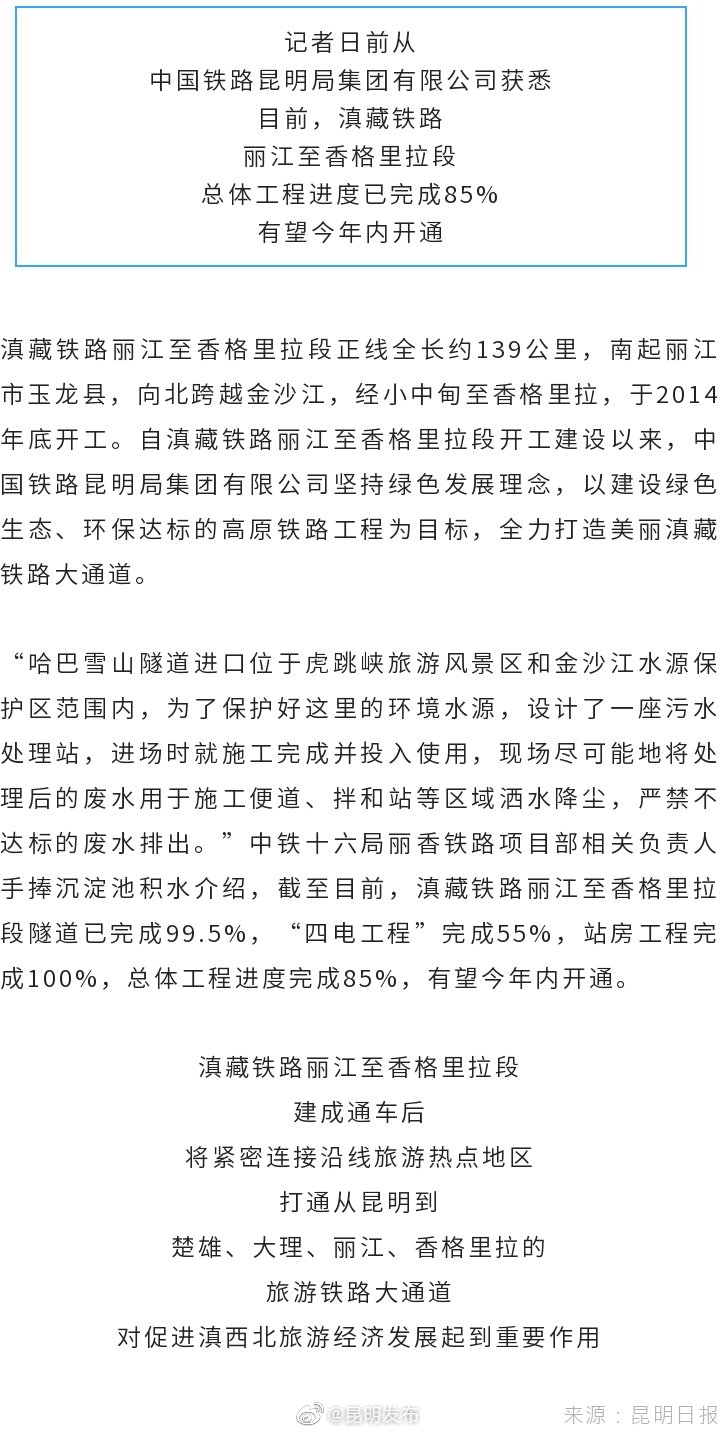 滇藏铁路丽江至香格里拉段有望年内开通