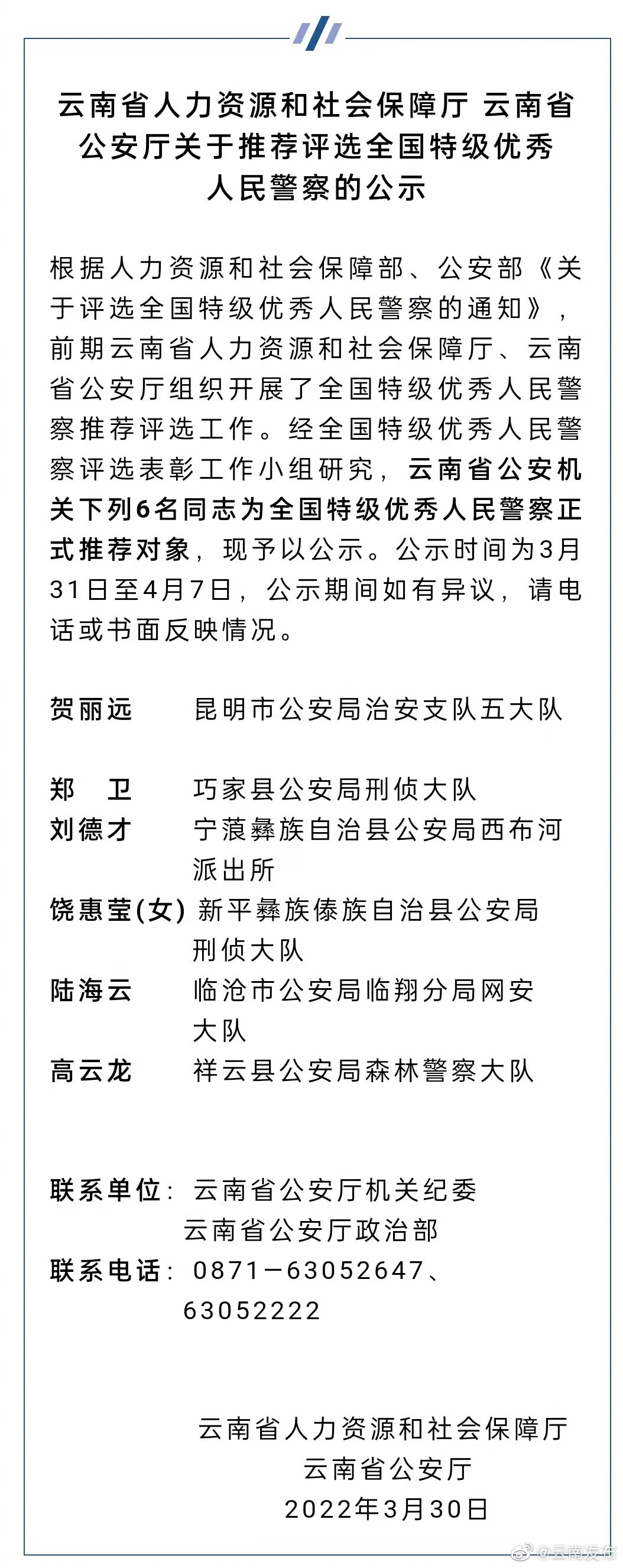 云南省这6人为全国特级优秀人民警察正式推荐对象
