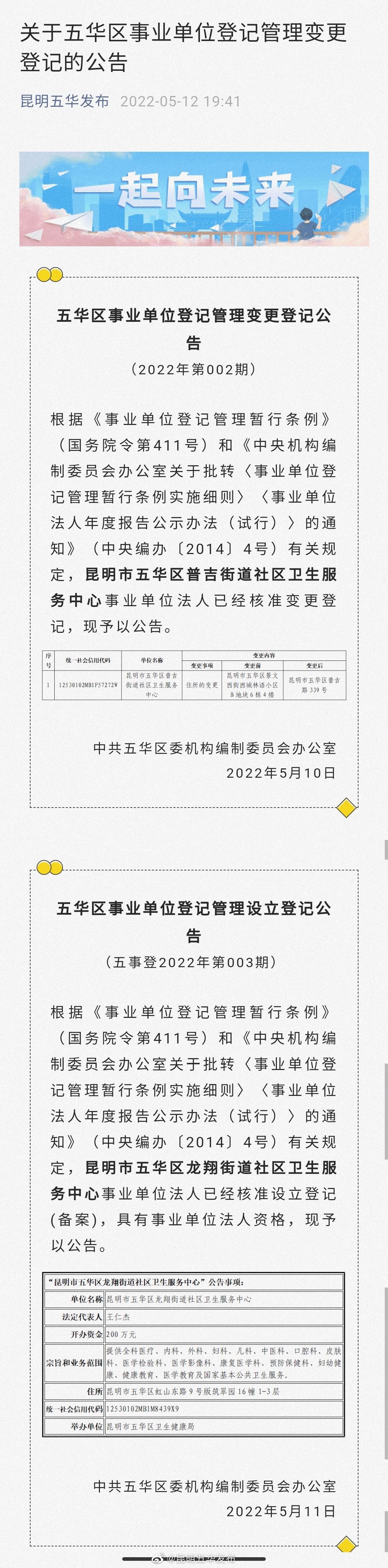 关于五华区事业单位登记管理变更登记的公告