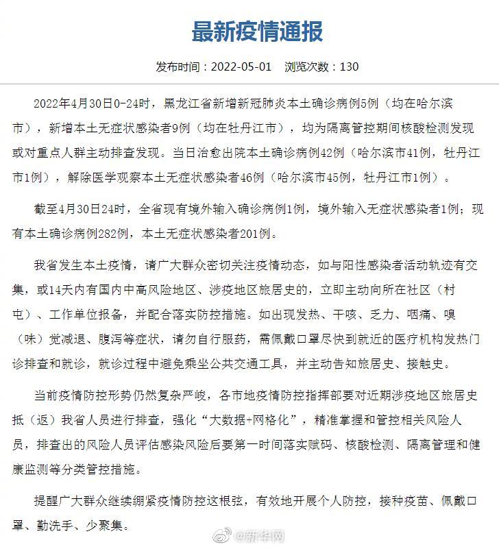 黑龙江新增本土确诊5例均在哈尔滨市