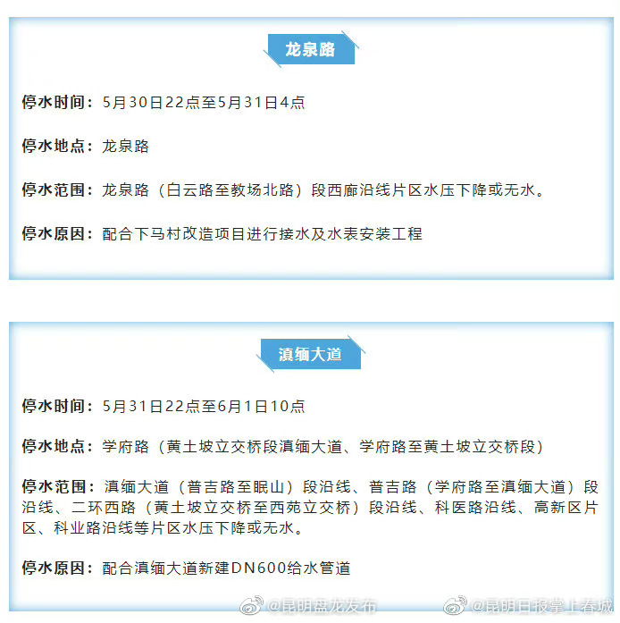 明起昆明这些片区将停水