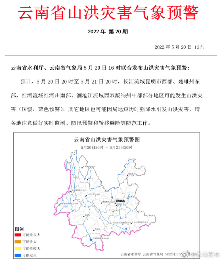做好防范！云南省发布山洪灾害气象预警