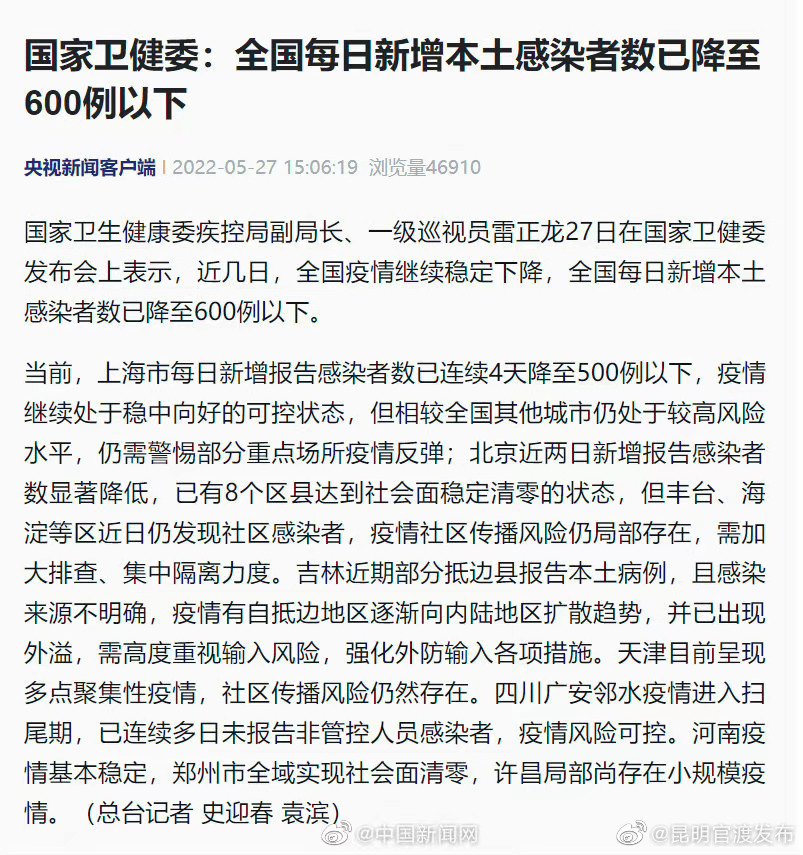 全国日增本土感染者降至600例以下