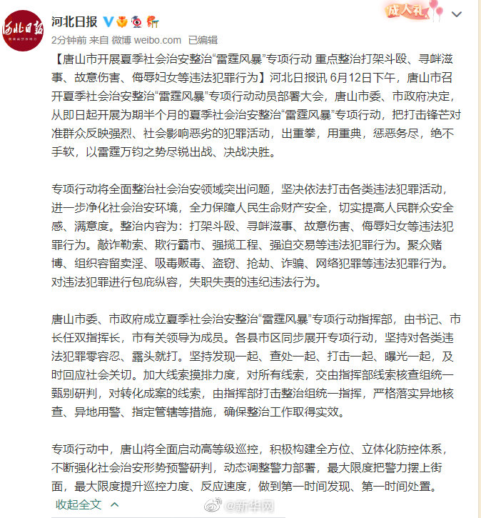 唐山市开展夏季社会治安整治“雷霆风暴”专项行动