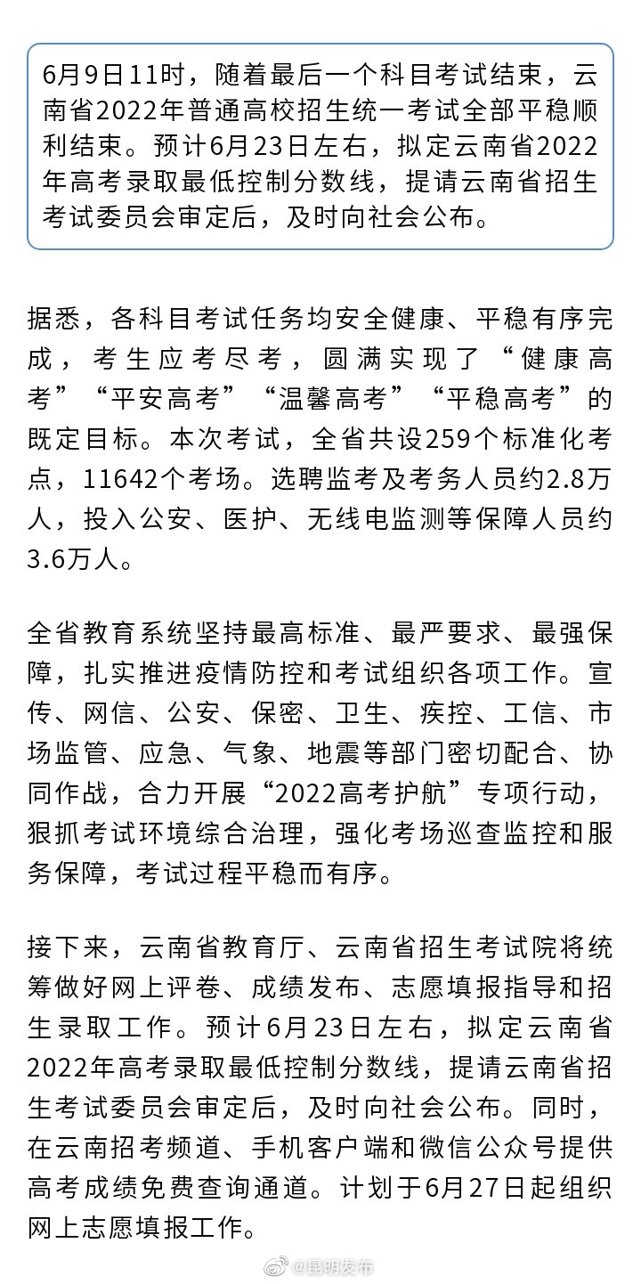 @云南高考考生 6月23日拟定录取最低控制分数线