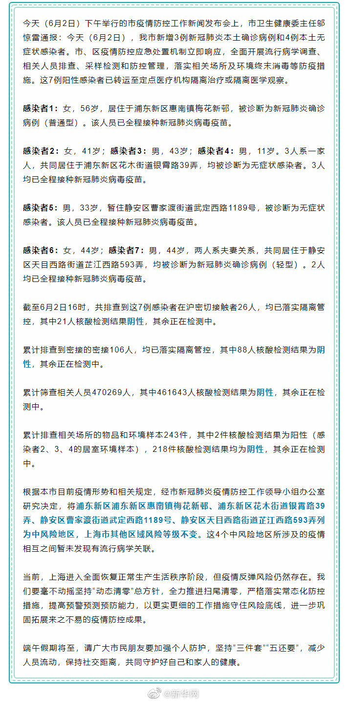 上海新增3例新冠肺炎本土确诊病例和4例本土无症状感染者，上海四地列为中风险地区