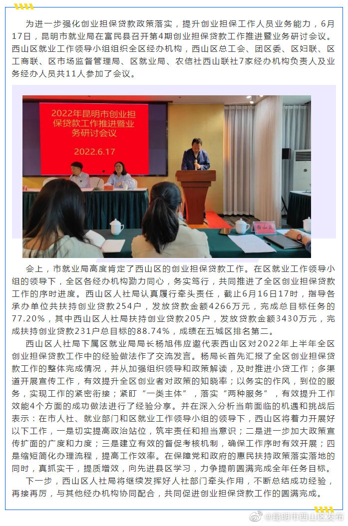 西山区发放创业担保贷款4266万元