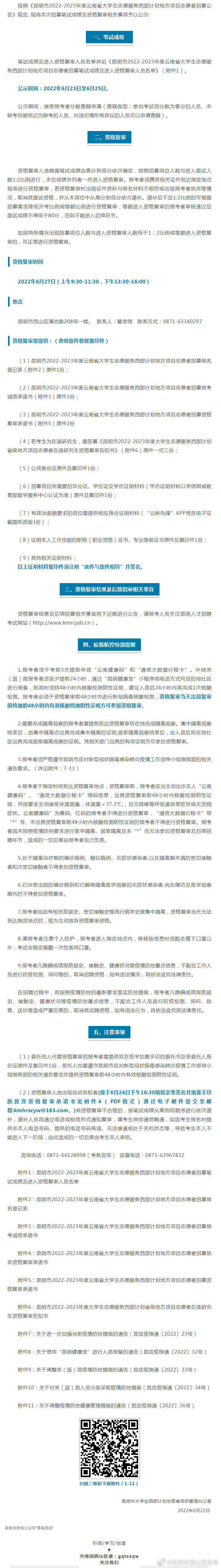 速看 | 昆明市2022-2023年度云南省大学生志愿服务西部计划地方项目志愿者招募笔试成绩及进入资格复审人员名单公告