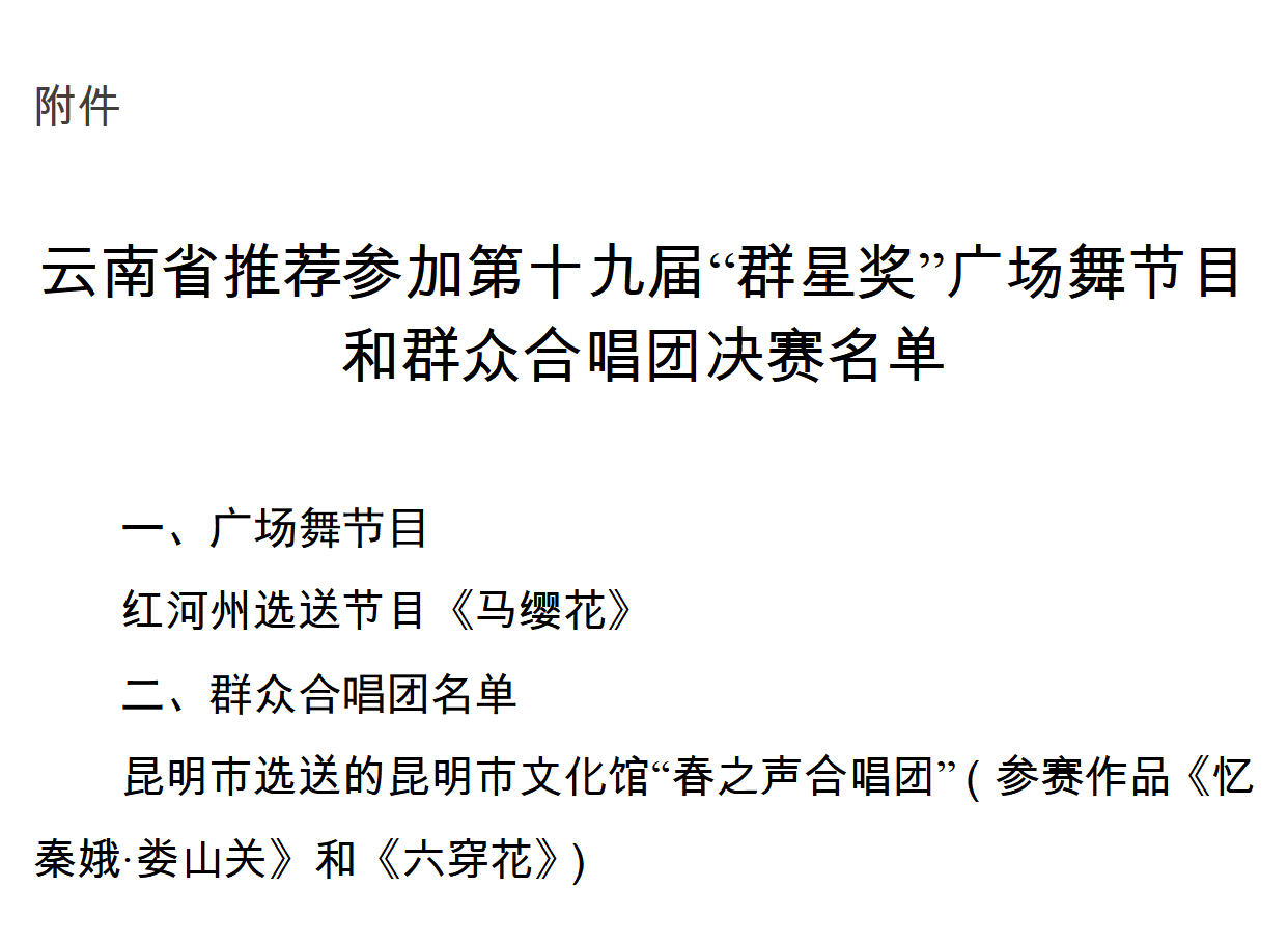 云南省参加全国第十九届“群星奖”广场舞节目和群众合唱团决赛名单的公示