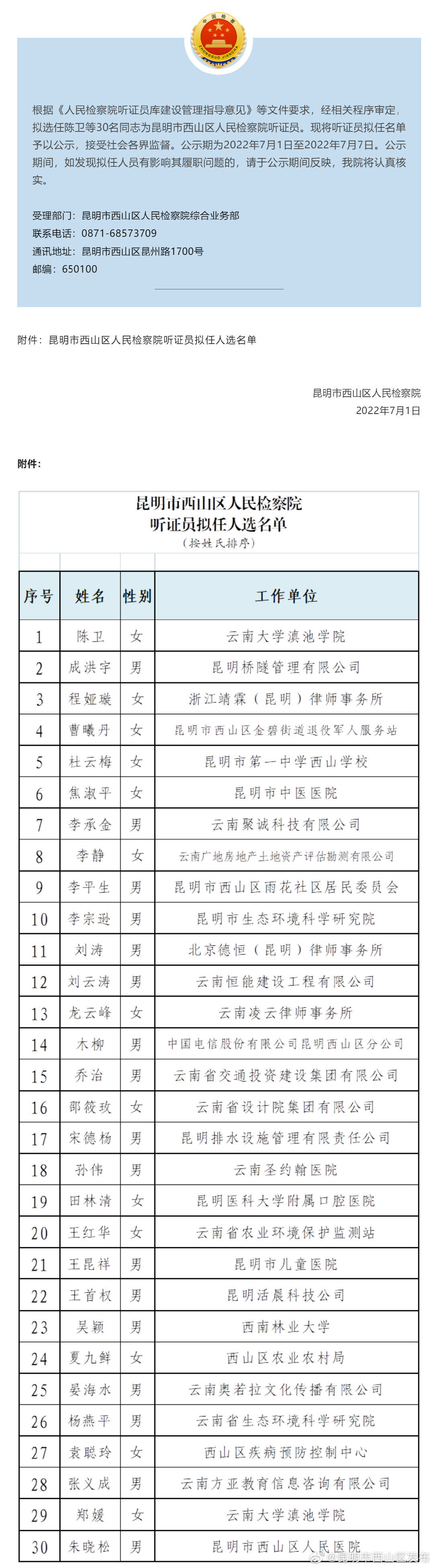 昆明市西山区人民检察院听证员拟任人选公示