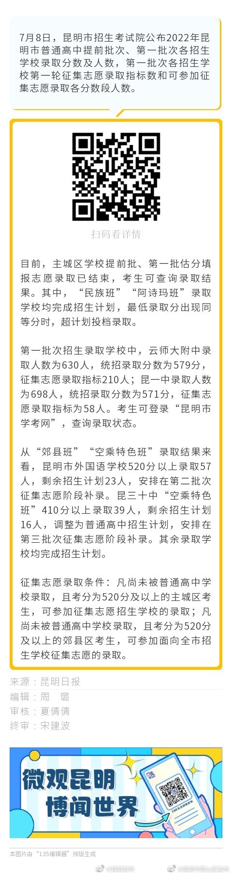 昆明市普通高中提前批次、第一批次录取分数线发布