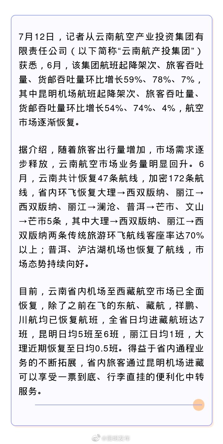 6月昆明机场旅客吞吐量环比增长74%