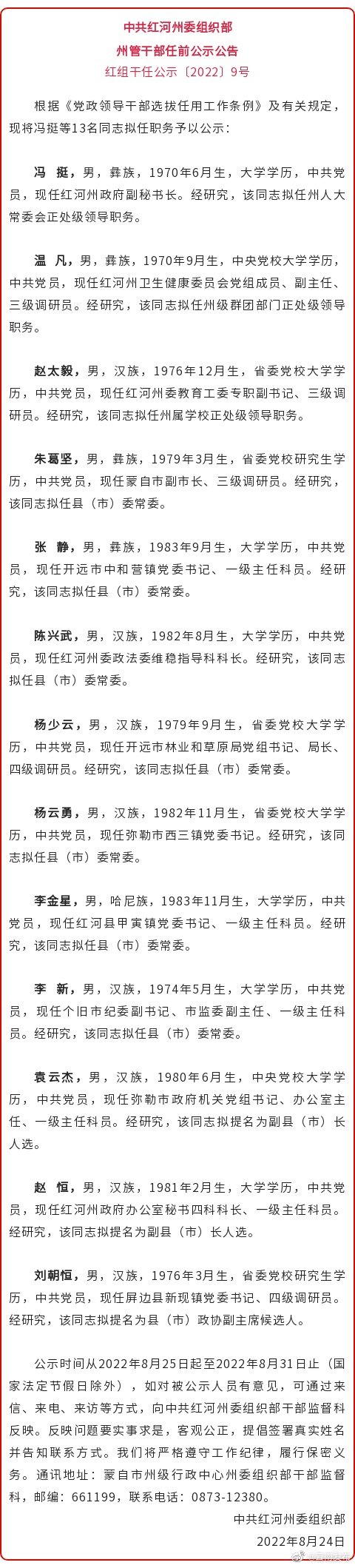 红河州发布干部任前公示公告