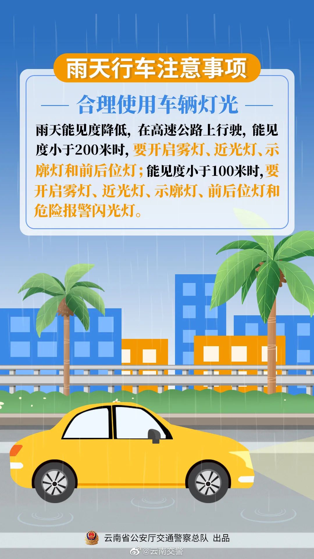 雨天行车，应合理使用车辆灯光