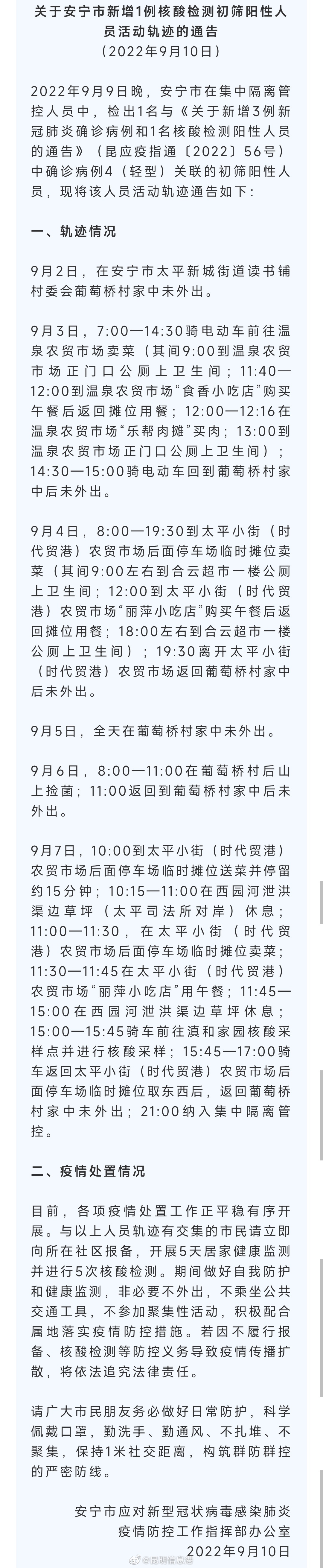 昆明疫情 安宁新增1例核酸检测初筛阳性人员活动轨迹公布