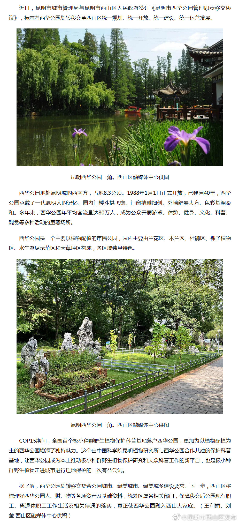 昆明西华公园移交西山区运营 