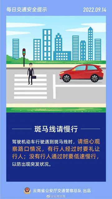 每日交通提示丨驾驶机动车遇到斑马线，请慢行