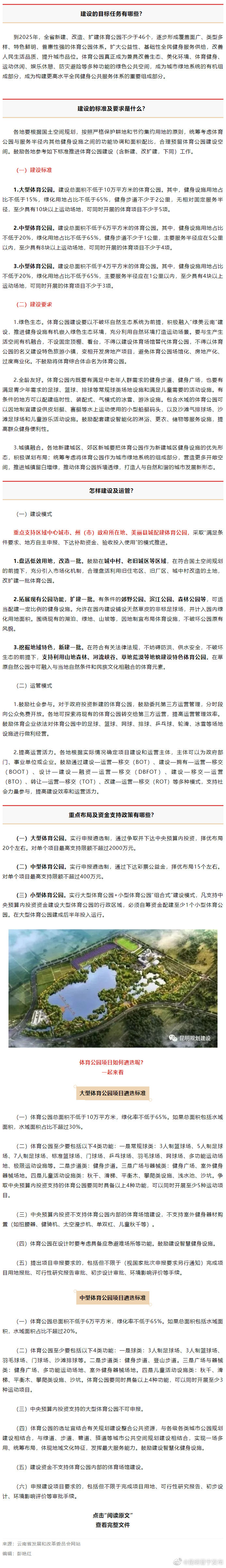 云南将新建、改扩建体育公园不少于46个，重点支持这些区域→