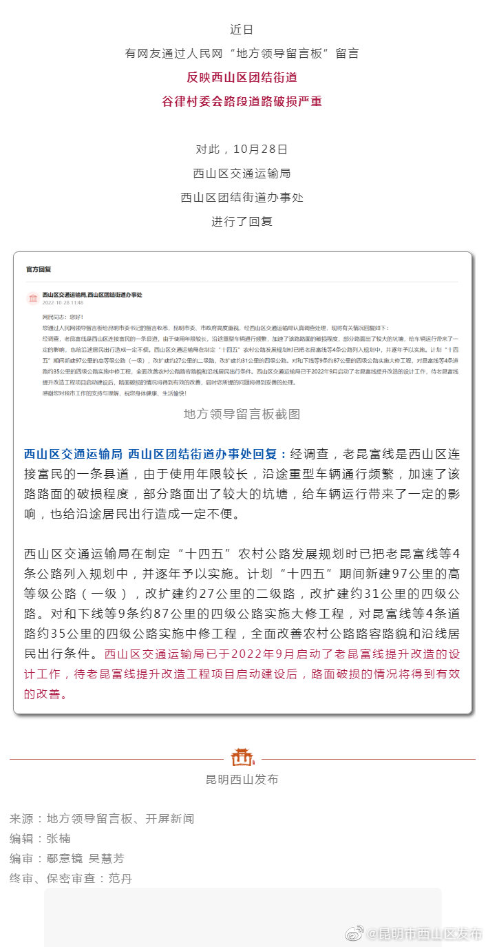 事关西山区谷律村破损道路修缮！官方回复来了→