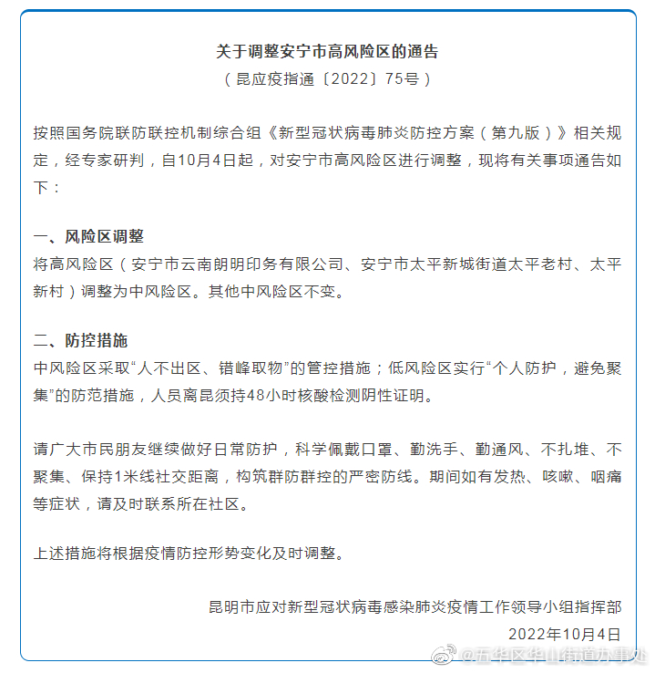 昆明发布关于调整安宁市高风险区的通告！