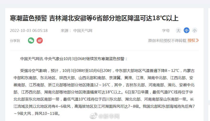 寒潮蓝色预警 吉林湖北安徽等6省部分地区降温可达18℃以上