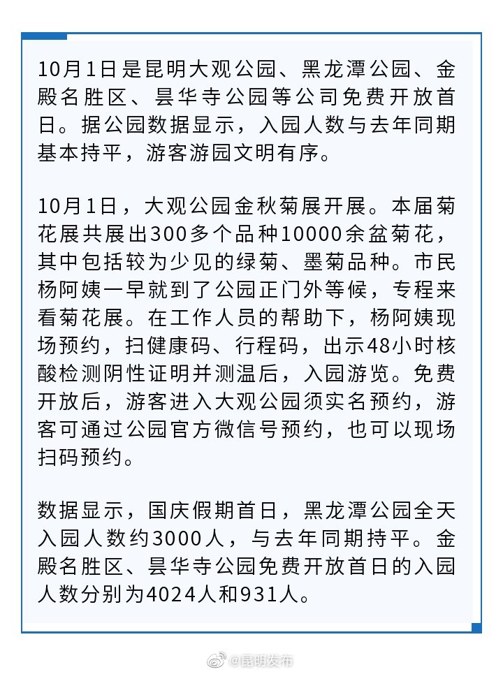 昆明多家公园免费开放首日 游客游园文明有序
