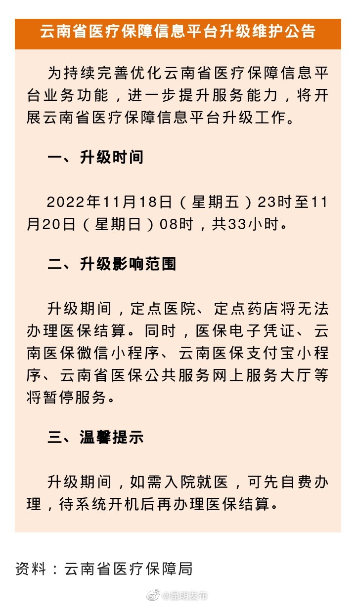 云南医保结算系统将停用33小时！