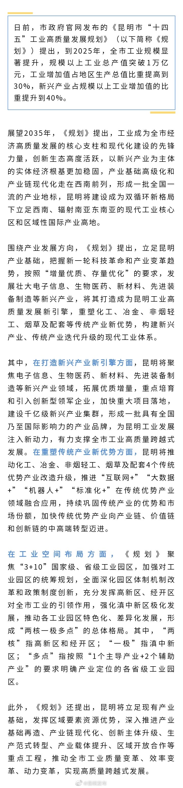 昆明印发“十四五”工业高质量发展规划提出：到2025年全市规上工业总产值破万亿元