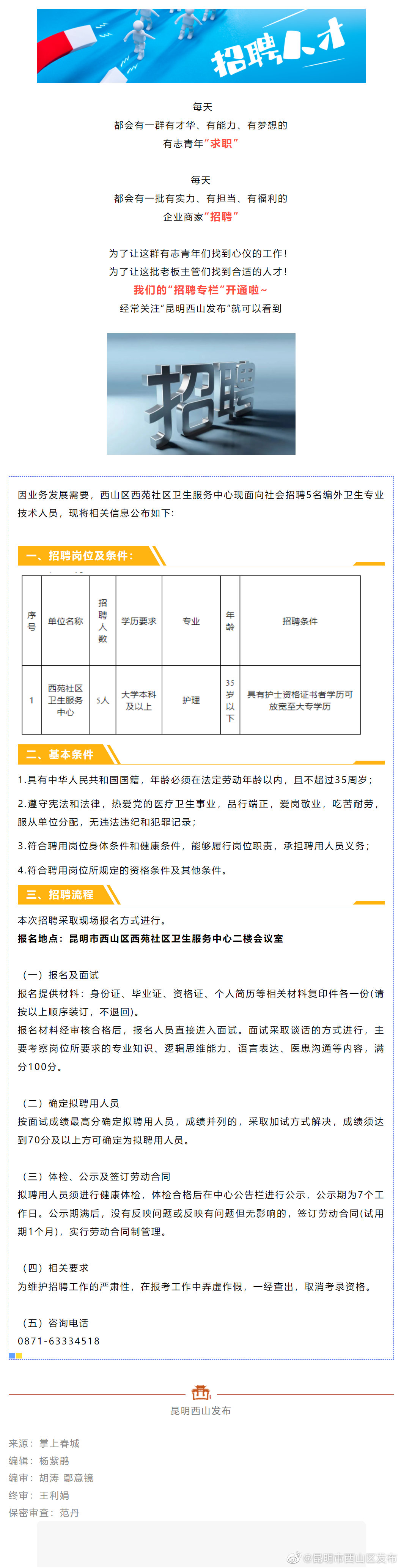 招聘 | 速看！昆明市西山区西苑社区卫生服务中心招聘啦