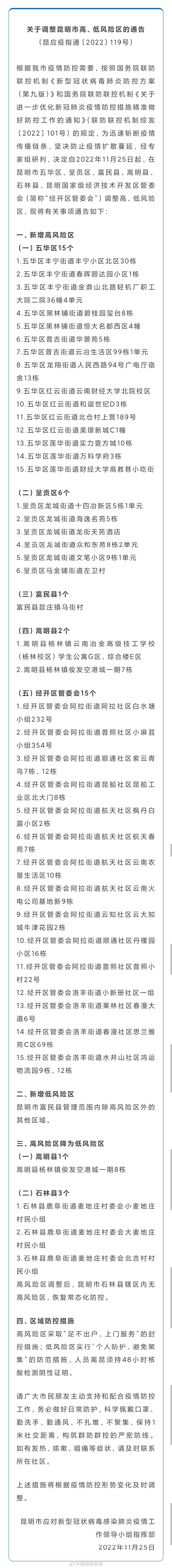 昆明市发布调整高、低风险区的通告