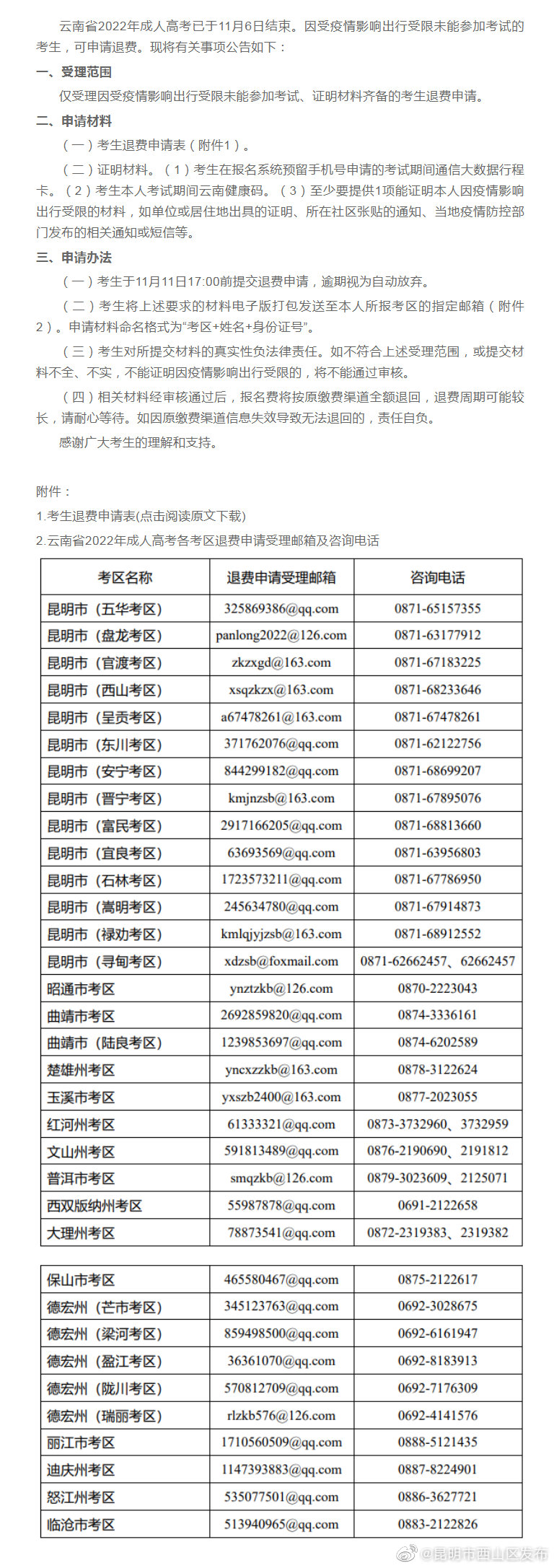 关于因疫情影响无法参加云南省2022年成人高考考生退费事项的公告