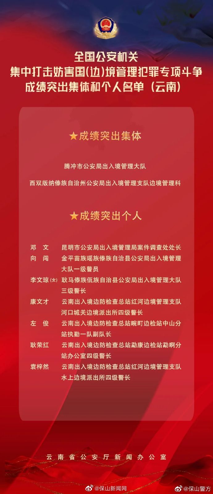 喜报！保山公安这个集体获公安部表彰！
