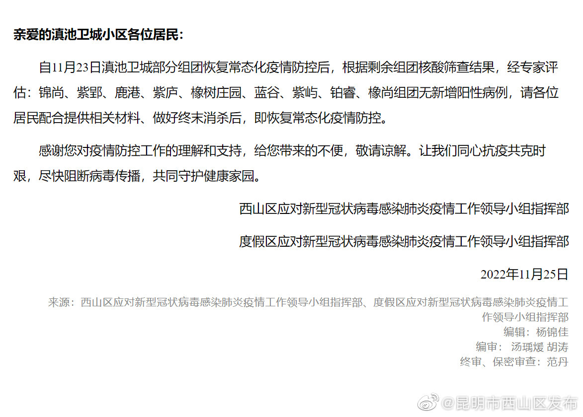 关于滇池卫城小区核酸筛查相关事项的通告