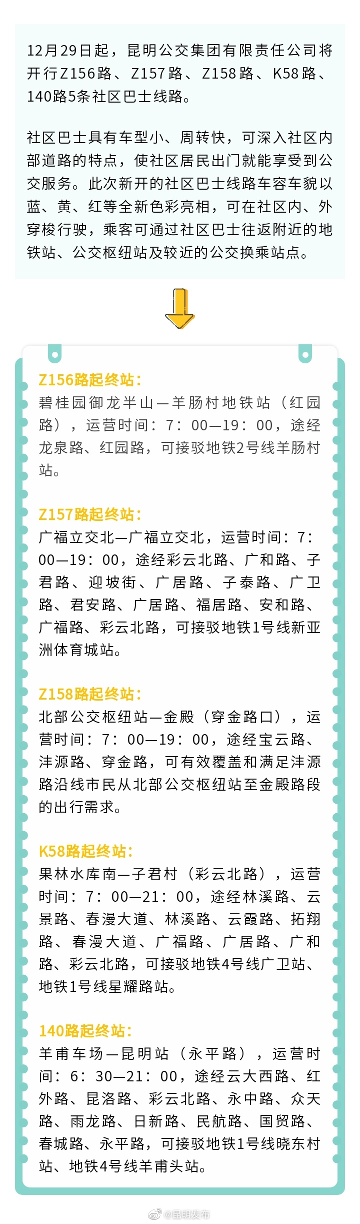 昆明新开5条社区巴士线路