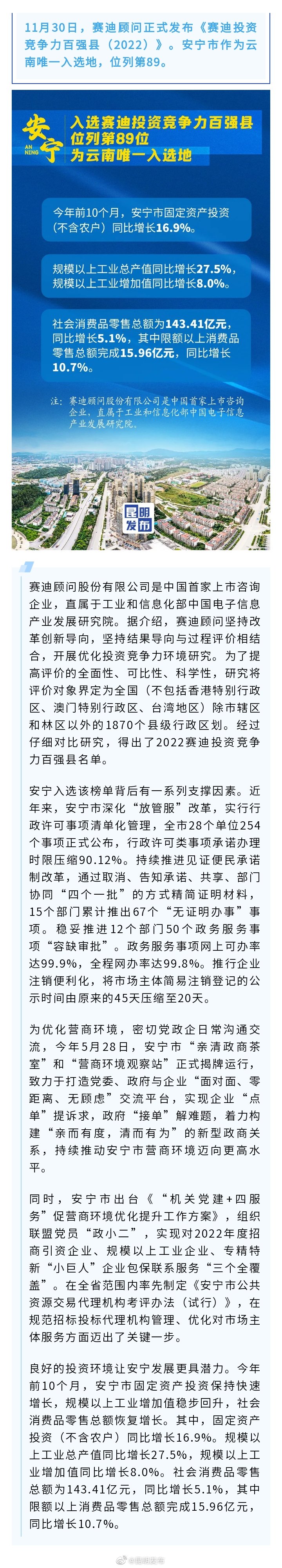安宁入选赛迪投资竞争力百强县